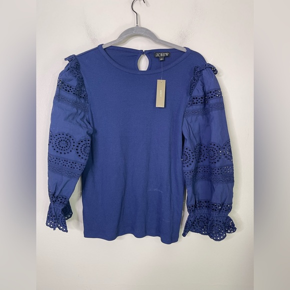 J.Crew NwT ruffle-trim eyelet top in vintage rib in navy L - Picture 2 of 6